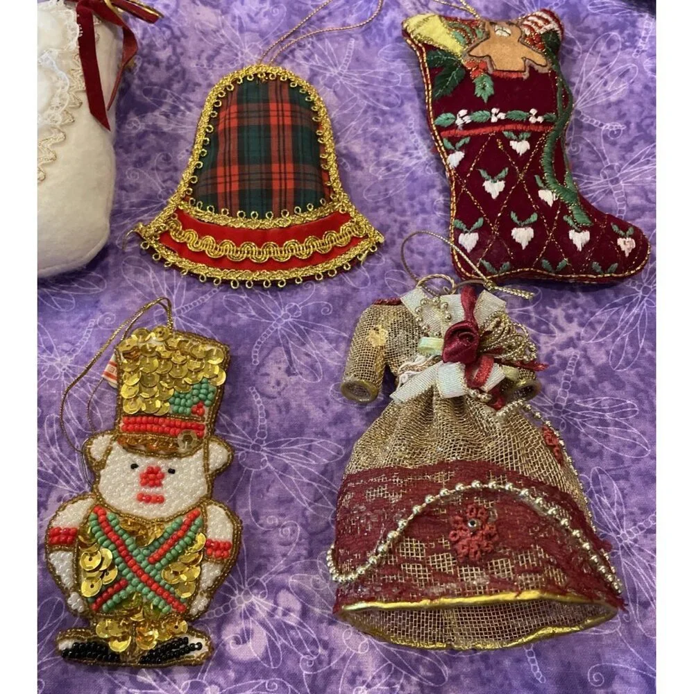 Vintage Victorian Style Lot Of 7 Christmas Holiday Ornaments Bell Stocking Heart